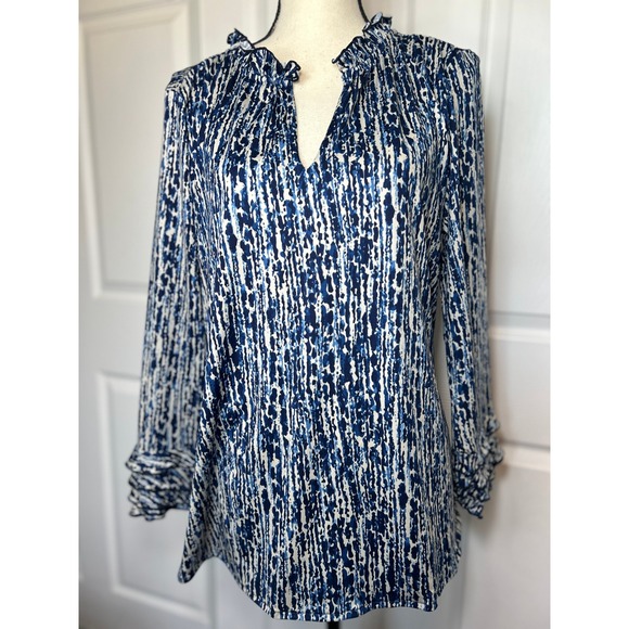La Mer Luxe Women's Blue White Abstract Print Long Sleeve Ruffle Neck Top Large - Picture 1 of 5